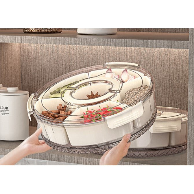 Organizator Alimente si Condimente, Cutie Depozitare Rotativa 360 Grade cu 6 Compartimente, Inchidere Ermetica si Maner Ergonomic, Plastic, 32x10 cm, Alb