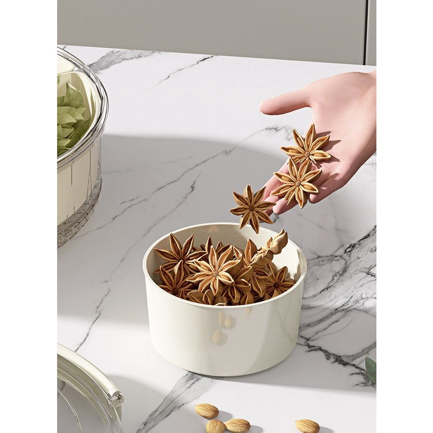Organizator Alimente si Condimente, Cutie Depozitare Rotativa 360 Grade cu 6 Compartimente, Inchidere Ermetica si Maner Ergonomic, Plastic, 32x10 cm, Alb