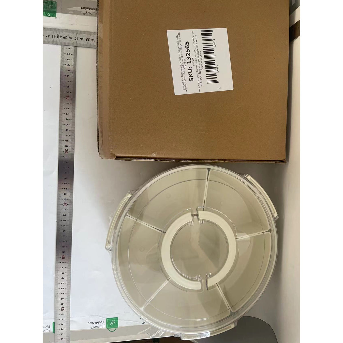 Organizator Alimente si Condimente, Cutie Depozitare Rotativa 360 Grade cu 6 Compartimente, Inchidere Ermetica si Maner Ergonomic, Plastic, 32x10 cm, Alb