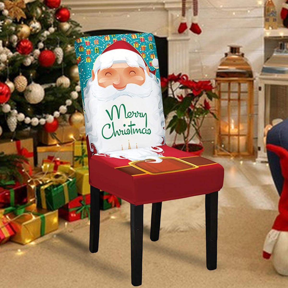 Husă pentru Scaun, Tematică Crăciun Model Merry Christmas, Material Elastic Antiderapant, Poliester Rezistent, Universală, Alb/Albastru, 45-65 cm Lungime