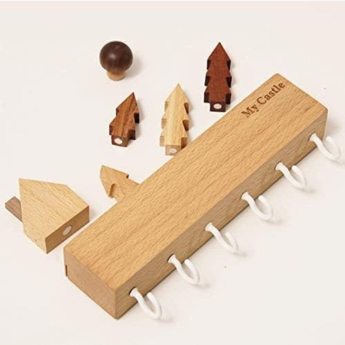 Suport pentru Chei, Cuier Perete Model Casuta, Lemn Natural cu 6 Carlige, Montare cu Adeziv Fara Perforare, Sarcina 5 kg, 14.5 x 2 x 22.5 cm, Maro