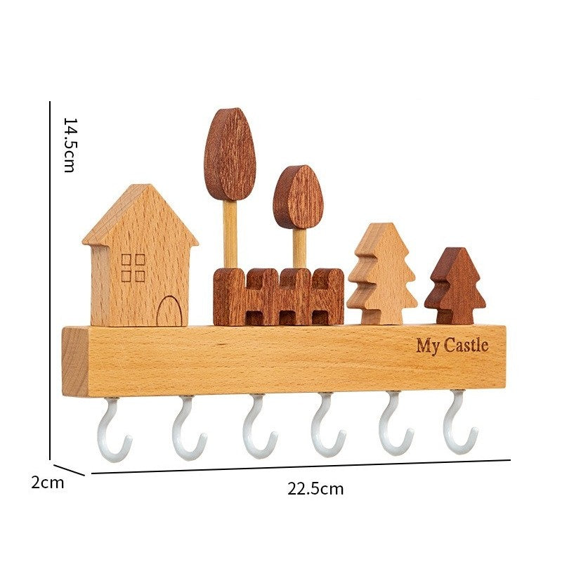 Suport pentru Chei, Cuier Perete Model Casuta, Lemn Natural cu 6 Carlige, Montare cu Adeziv Fara Perforare, Sarcina 5 kg, 14.5 x 2 x 22.5 cm, Maro