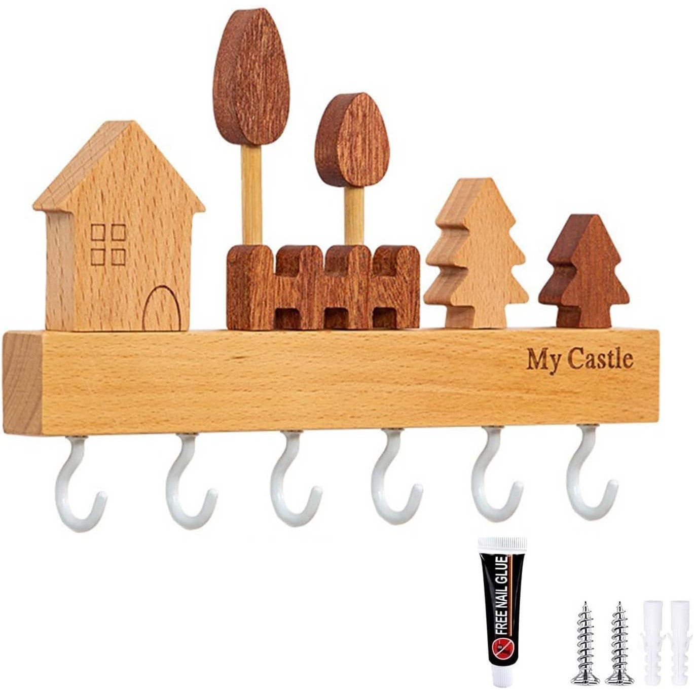 Suport pentru Chei, Cuier Perete Model Casuta, Lemn Natural cu 6 Carlige, Montare cu Adeziv Fara Perforare, Sarcina 5 kg, 14.5 x 2 x 22.5 cm, Maro