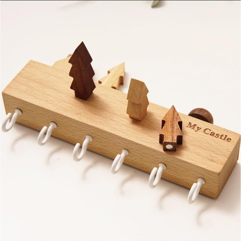 Suport pentru Chei, Cuier Perete Model Casuta, Lemn Natural cu 6 Carlige, Montare cu Adeziv Fara Perforare, Sarcina 5 kg, 14.5 x 2 x 22.5 cm, Maro