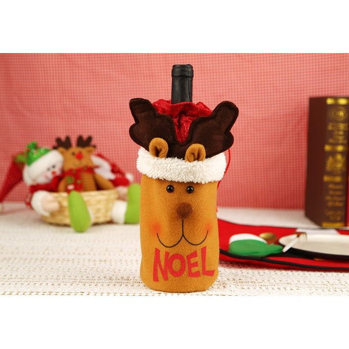 Săculeț de Crăciun pentru Sticlă, Model Ren Accesorizat, Ambalaj Cadou Festiv pentru Vin și Șampanie, Material Textil, Maro, 13x28 cm