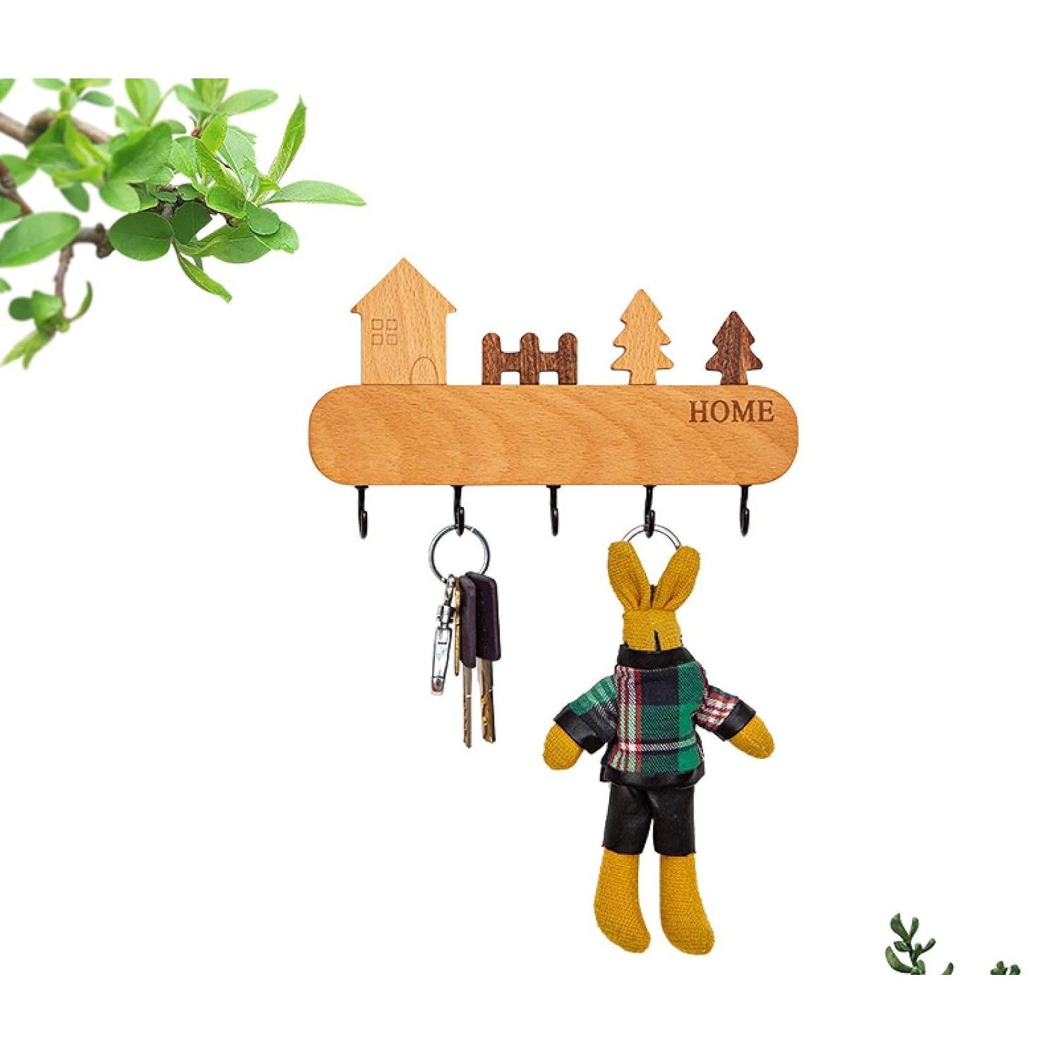 Suport pentru Chei si Organizator Perete, Design Casuta cu 5 Carlige, Lemn Natural, Montare fara Gaurire cu Adeziv, Capacitate 5 kg, 13.5 x 23 cm, Maro
