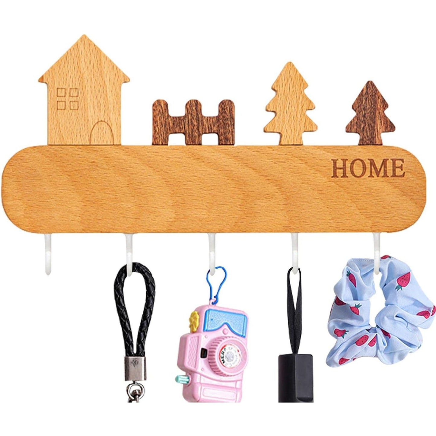 Suport pentru Chei si Organizator de Perete, Autoadeziv Fara Perforare, 5 Carlige si Design Casuta, Lemn Natural, 13.5 x 23 cm, Maro