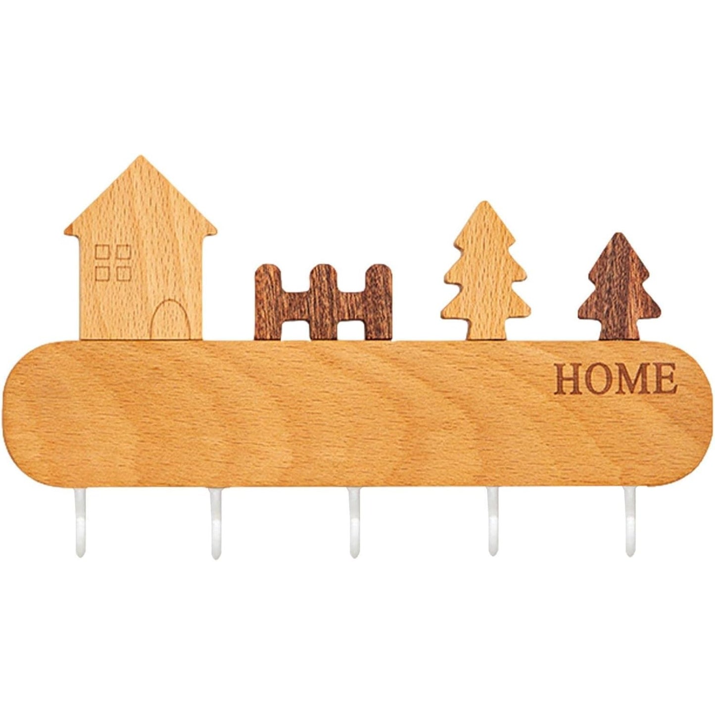 Suport pentru Chei si Organizator de Perete, Autoadeziv Fara Perforare, 5 Carlige si Design Casuta, Lemn Natural, 13.5 x 23 cm, Maro