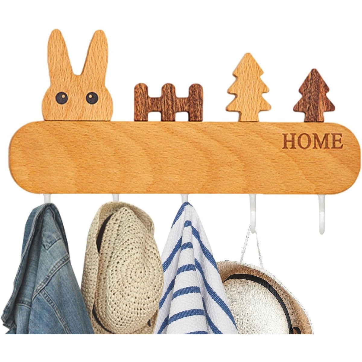Suport Pentru Chei Si Accesorii, Cuier De Perete Cu 5 Carlige, Fixare Autoadeziva Fara Perforare, Lemn Natural, Design Iepure, 13.5 x 22 cm, Maro