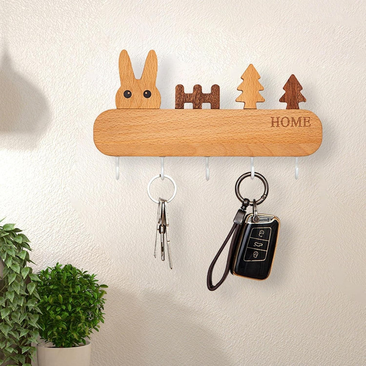 Suport Pentru Chei Si Accesorii, Cuier De Perete Cu 5 Carlige, Fixare Autoadeziva Fara Perforare, Lemn Natural, Design Iepure, 13.5 x 22 cm, Maro