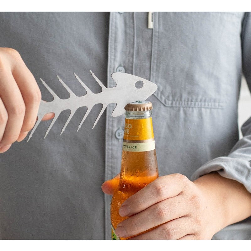 Forma pentru Frigărui, Suport Grătar Model Oase de Pește, Instrument BBQ cu Deschizător de Sticle, Oțel Inoxidabil, 30x6 cm, Argintiu