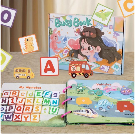 Carte Educationala Montessori Busy Book, Mapa Senzoriala pentru Motricitate Fina, Fetru, 12 Teme de Invatare, 3 Ani+, Multicolor