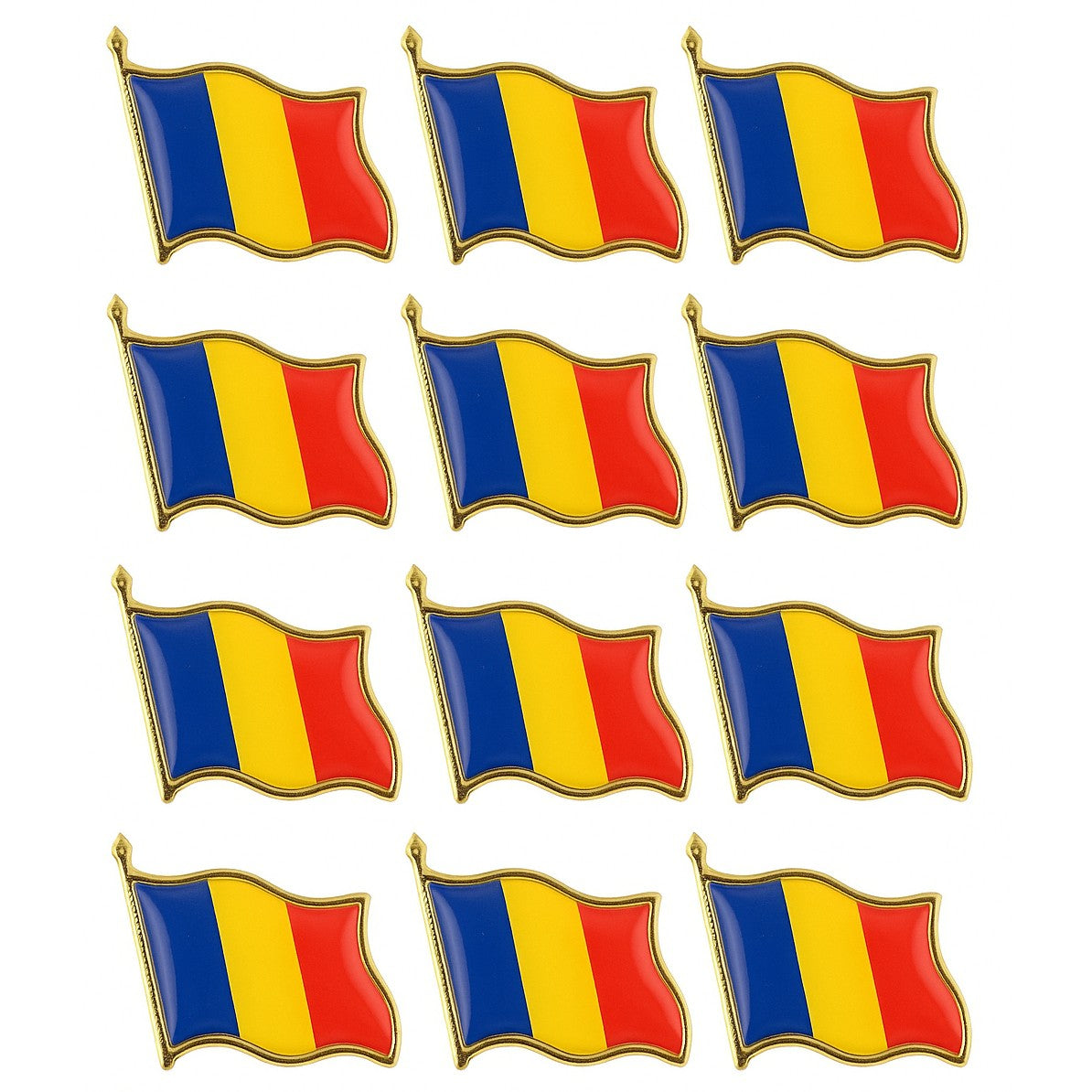 Set 12 Insigne Steag Tricolor Romania, Brosa Metalica cu Email si Ac de Siguranta, Metal Auriu, 20x20 mm