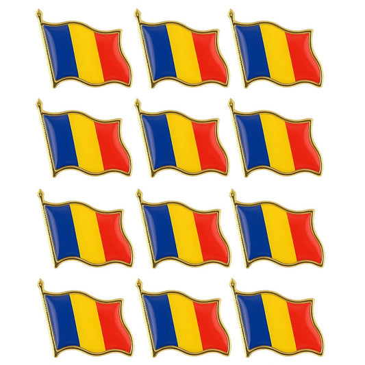 Set 12 Insigne Steag Tricolor Romania, Brosa Metalica cu Email si Ac de Siguranta, Metal Auriu, 20x20 mm