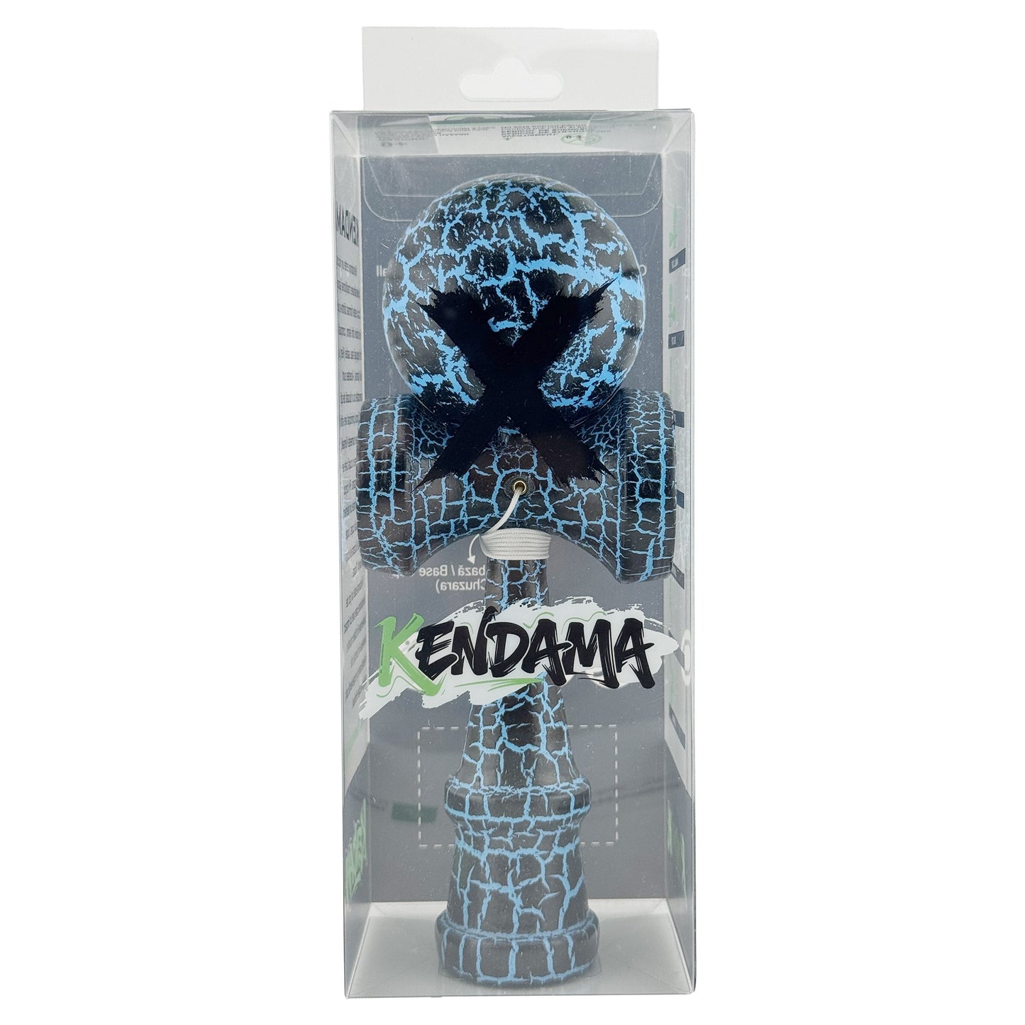 Kendama X Originala Berbis – Jucarie Interactiva din Lemn, 18 cm, Joc de Indemanare pentru Copii si Adulti, Design Cracked Negru-Albastru