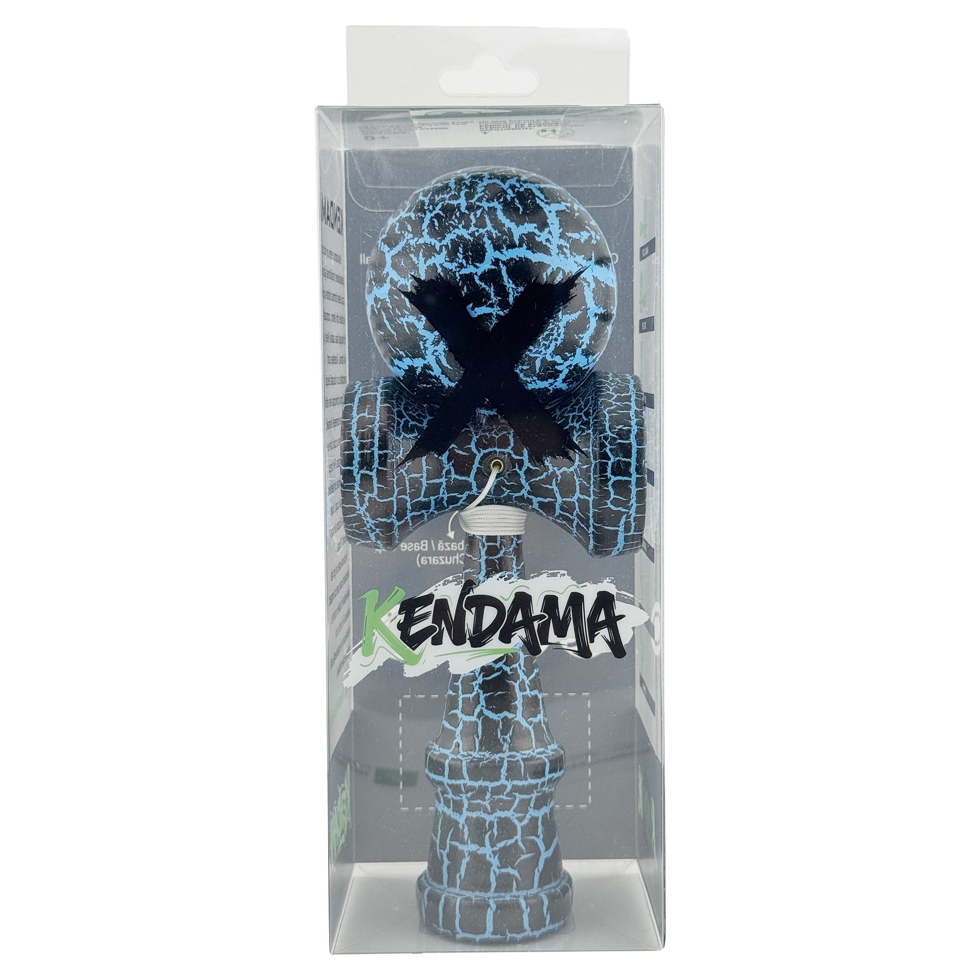 Kendama X Originala Berbis – Jucarie Interactiva din Lemn, 18 cm, Joc de Indemanare pentru Copii si Adulti, Design Cracked Negru-Albastru