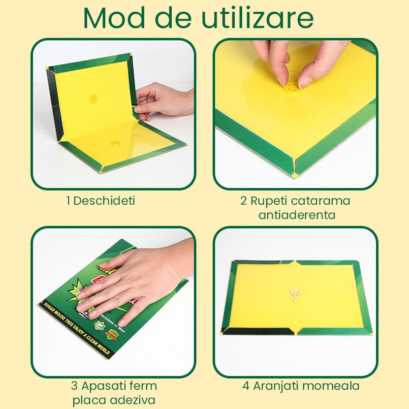 Capcana Autoadeziva pentru Soareci si Sobolani, Placa cu Lipici Atractant si Efect Puternic de Imobilizare, Format Carte din Carton, 19 x 13 cm, Verde/Galben