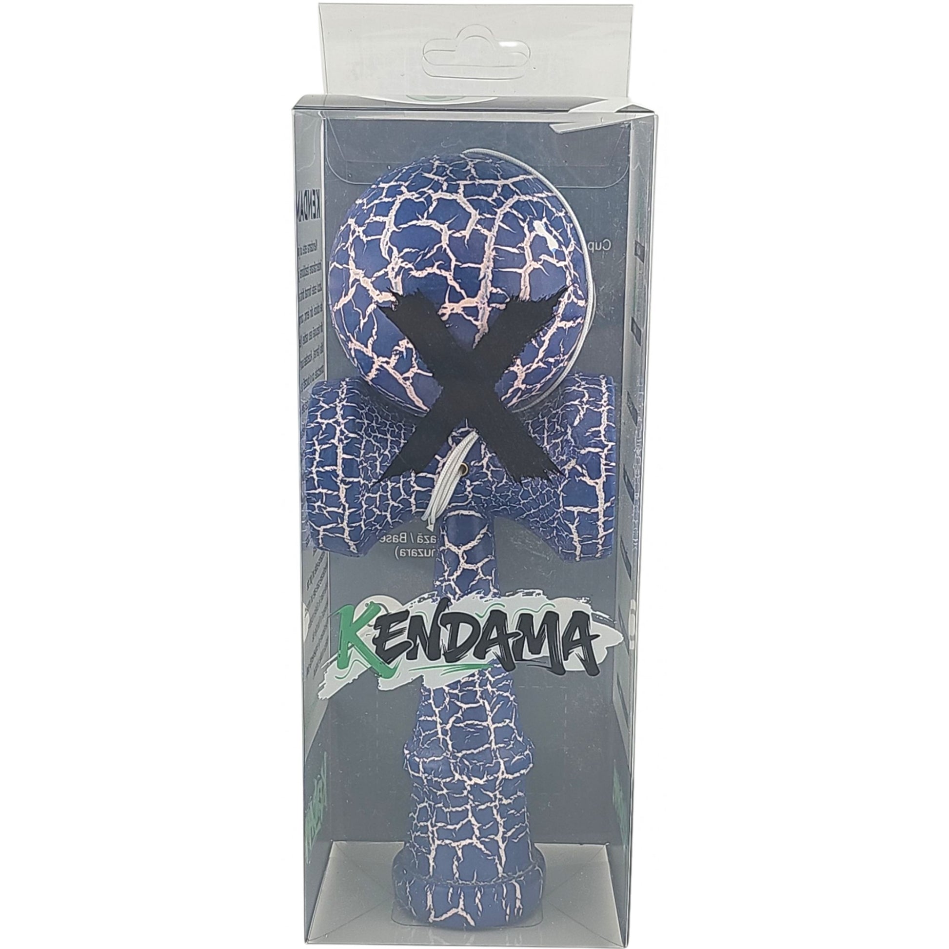 Kendama X Originala Berbis – Jucarie Interactiva din Lemn, 18 cm, Joc de Indemanare pentru Copii si Adulti, Design Cracked Albastru Inchis-Alb