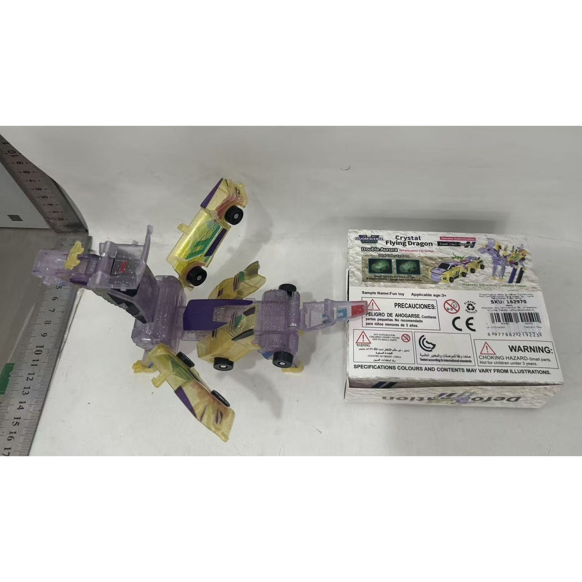 Jucarie Transformabila 2in1 Crystal Wing Flying Dragon, Masina care se Transforma in Dragon prin Coliziune Magnetica, Plastic ABS Fluorescent, +3 Ani, Multicolor