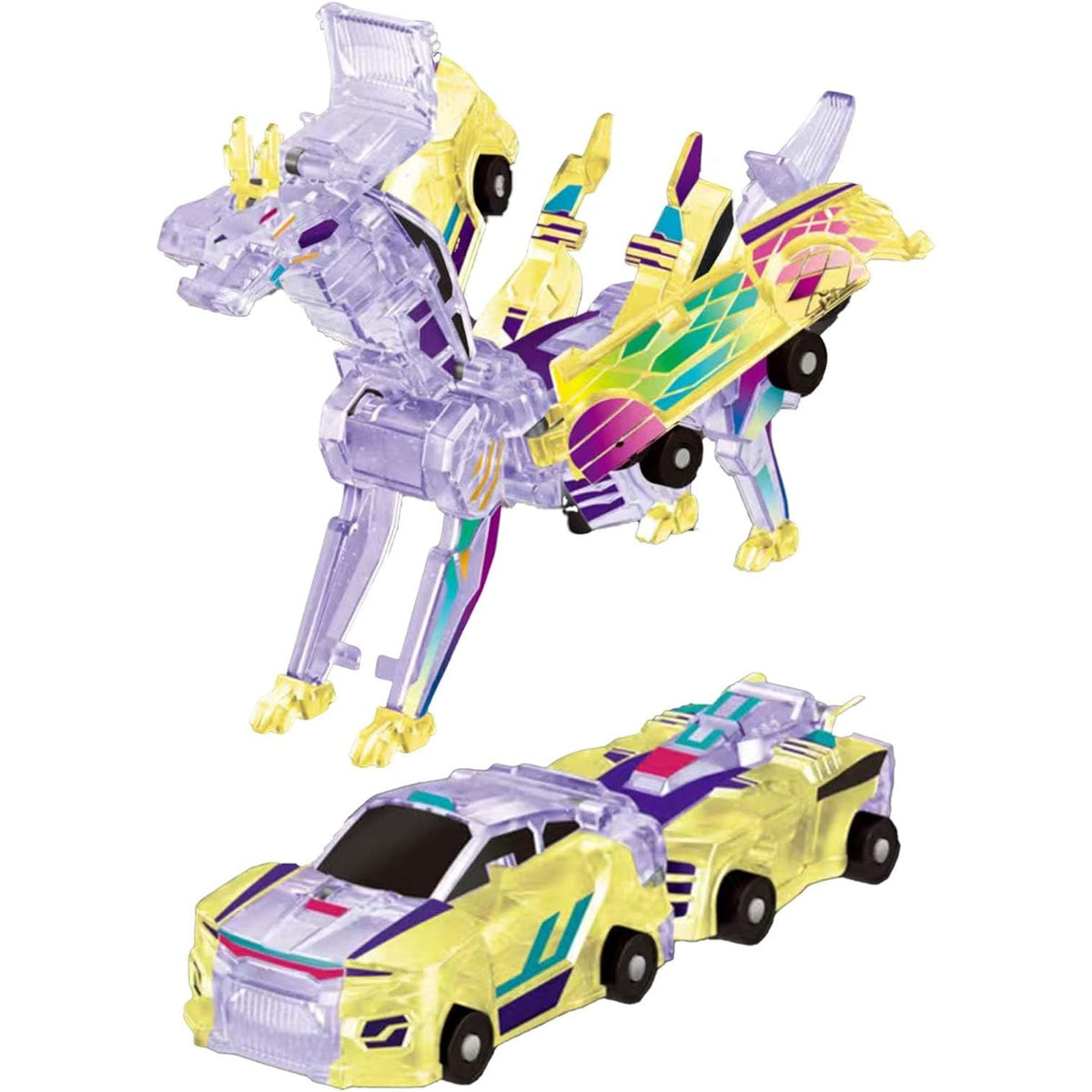 Jucarie Transformabila 2in1 Crystal Wing Flying Dragon, Masina care se Transforma in Dragon prin Coliziune Magnetica, Plastic ABS Fluorescent, +3 Ani, Multicolor
