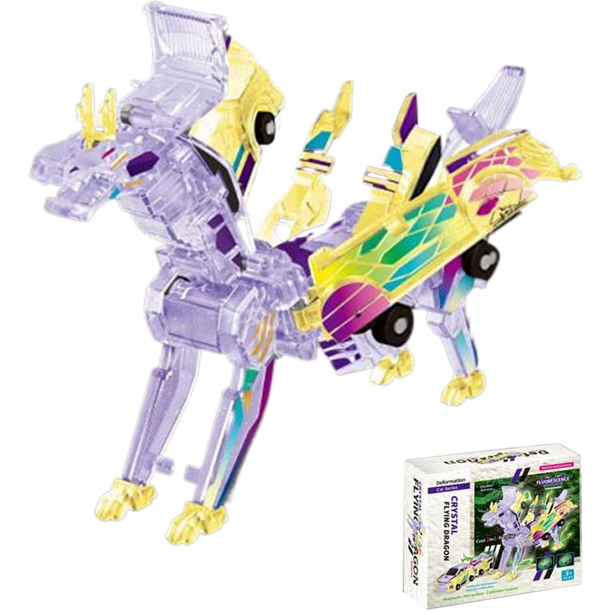 Jucarie Transformabila 2in1 Crystal Wing Flying Dragon, Masina care se Transforma in Dragon prin Coliziune Magnetica, Plastic ABS Fluorescent, +3 Ani, Multicolor