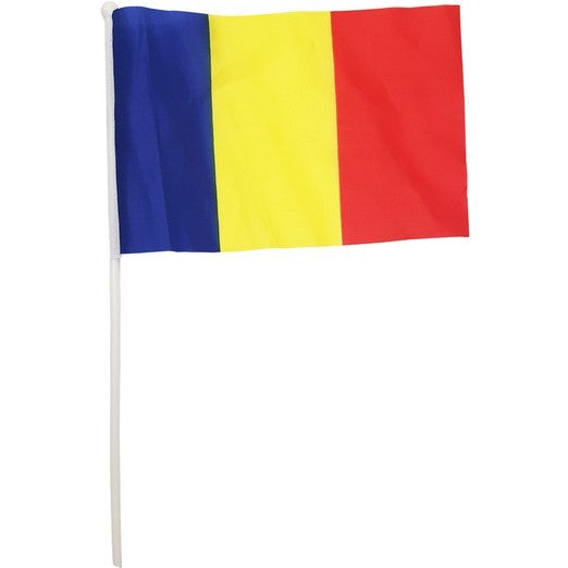 Set 12 Steaguri de Mana Tricolor Romania, Drapel cu Bat din Plastic, Material Poliester, 20x30 cm