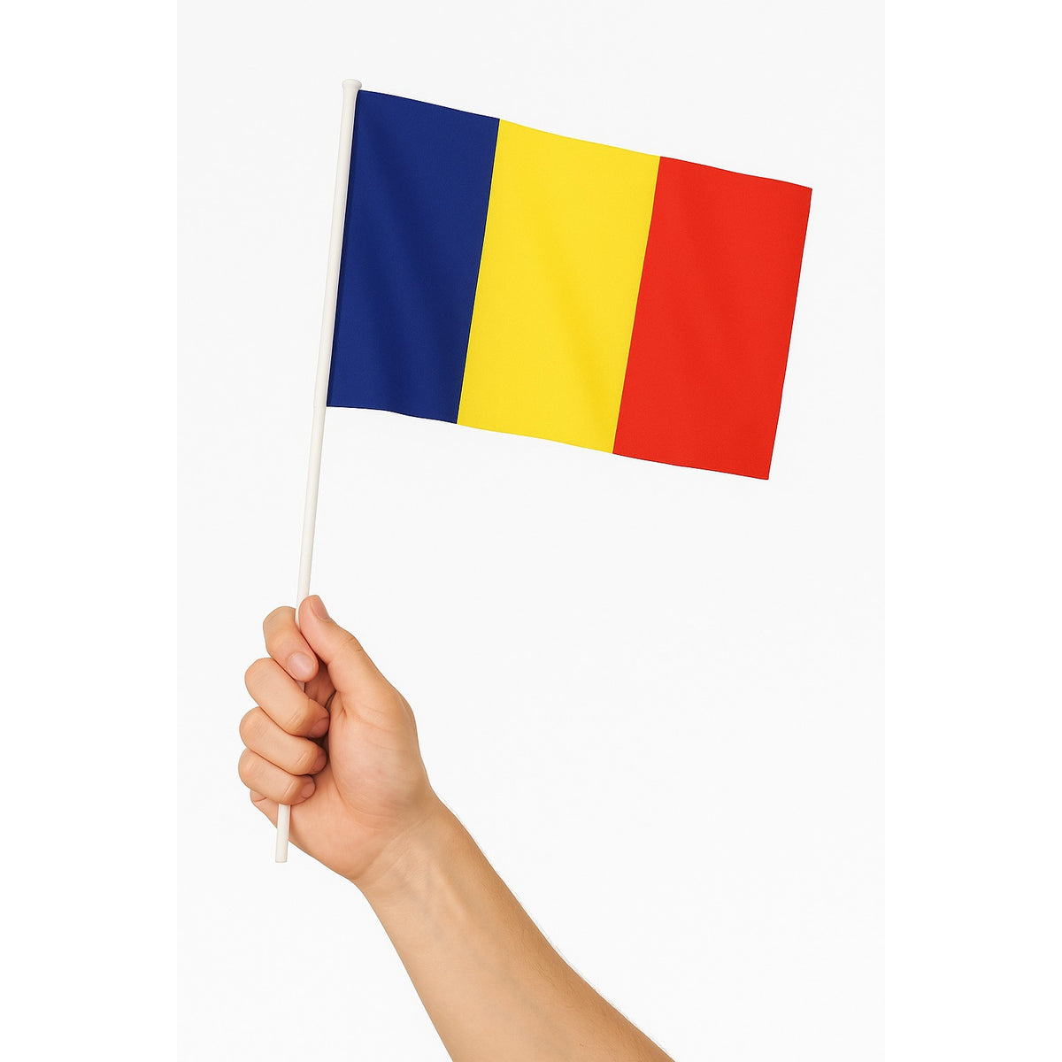 Set 12 Steaguri de Mana Tricolor Romania, Drapel cu Bat din Plastic, Material Poliester, 20x30 cm