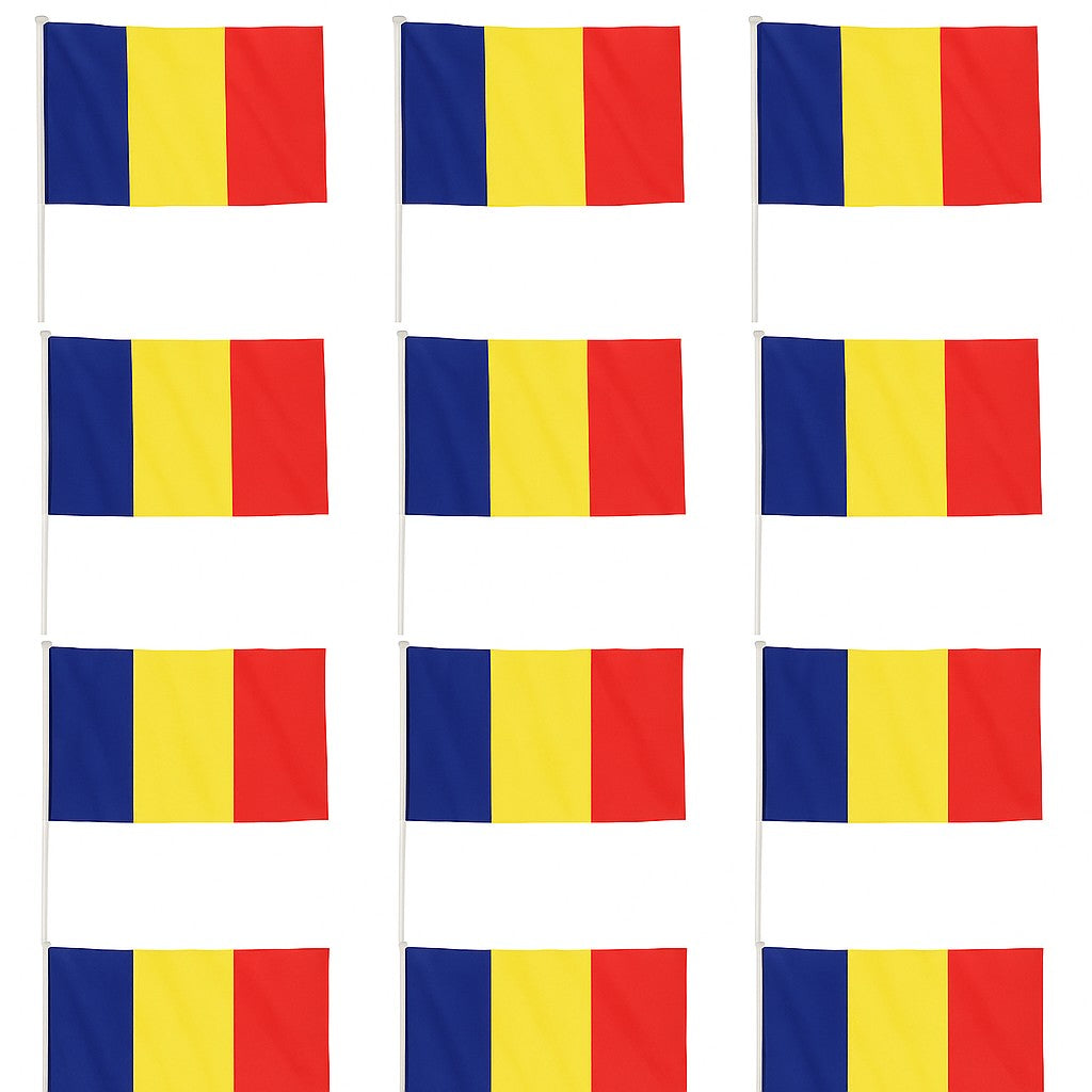 Set 12 Steaguri de Mana Tricolor Romania, Drapel cu Bat din Plastic, Material Poliester, 20x30 cm