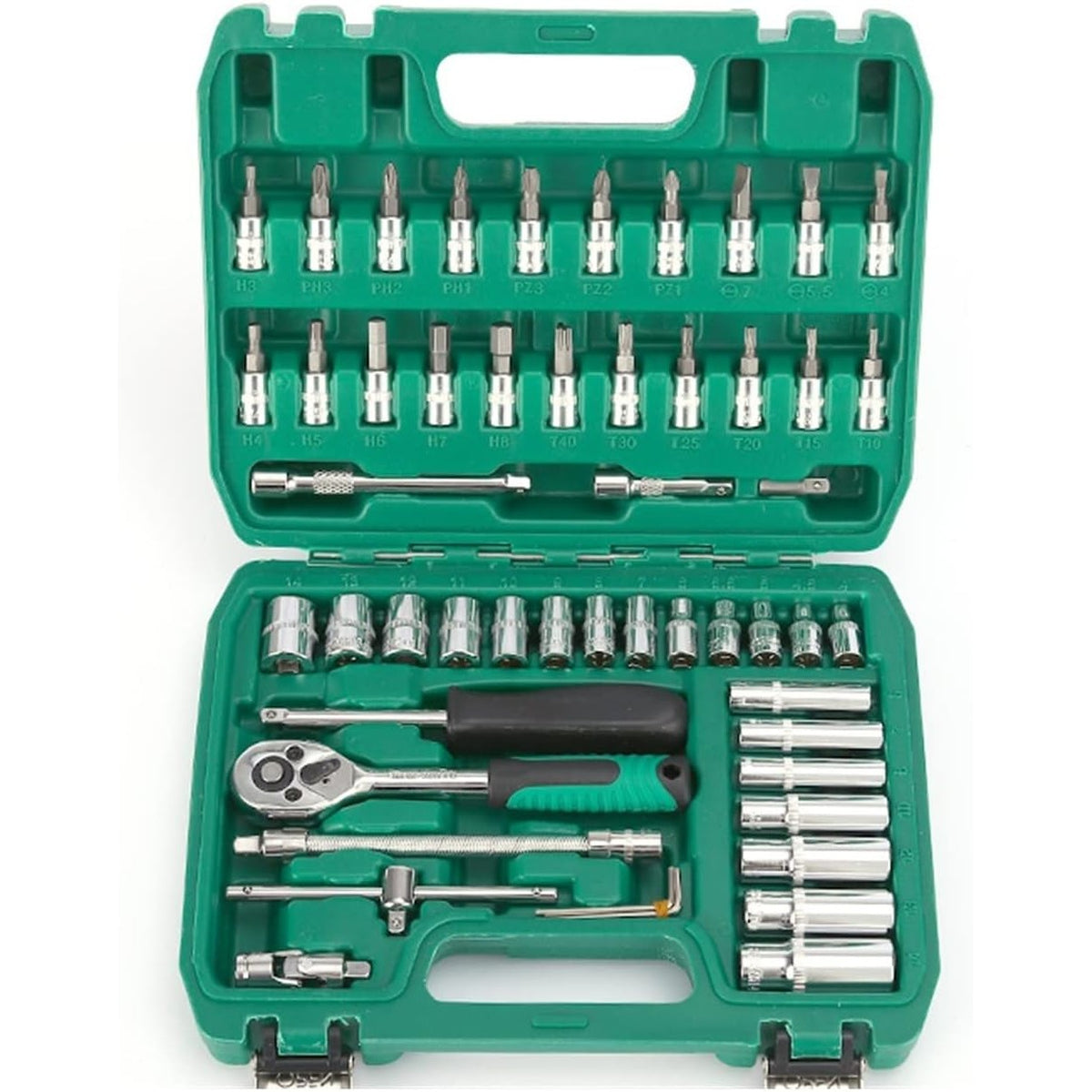 Trusa Chei Tubulare si Scule Mecanice, Set 53 Piese, Clichet 1/4 cu Sistem Flyback, Imbusuri si Surubelnita, Otel 45, Cutie Organizatoare Verde, 1.7 kg