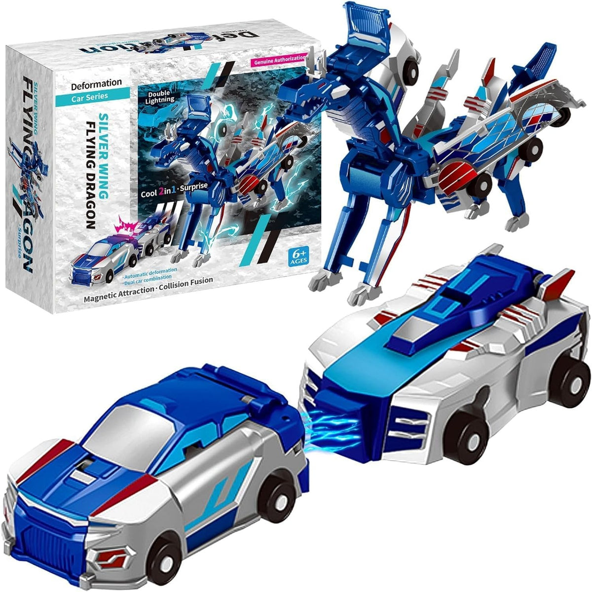 Jucarie Transformabila 2in1 Silver Wing Flying Dragon, Masina care se Transforma in Dragon prin Impact, Atractie Magnetica, Plastic ABS, +6 Ani, Albastru