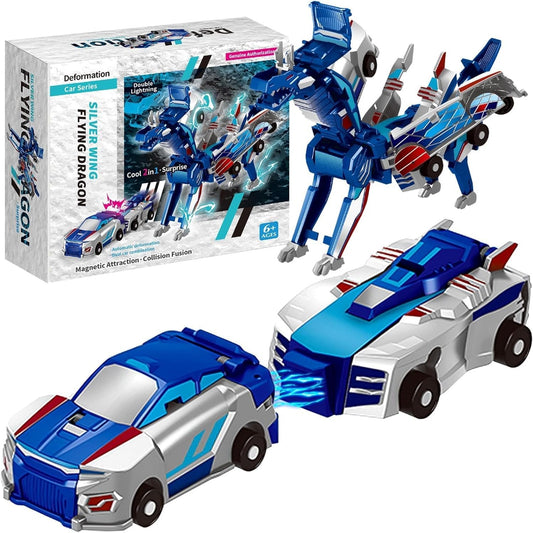 Jucarie Transformabila 2in1 Silver Wing Flying Dragon, Masina care se Transforma in Dragon prin Impact, Atractie Magnetica, Plastic ABS, +6 Ani, Albastru
