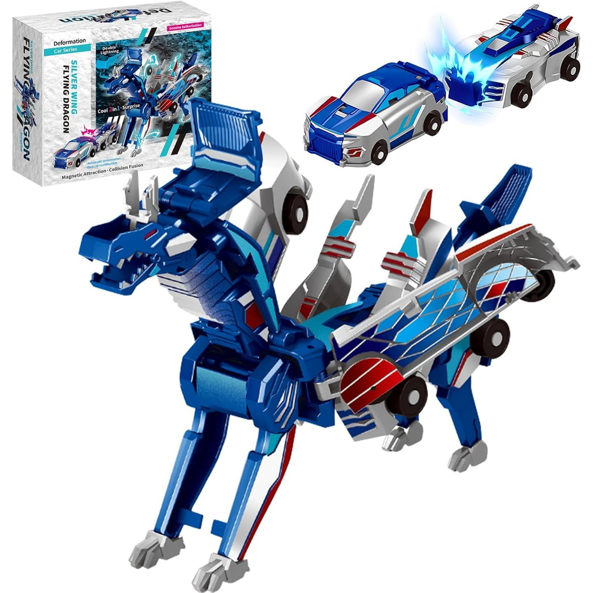 Jucarie Transformabila 2in1 Silver Wing Flying Dragon, Masina care se Transforma in Dragon prin Impact, Atractie Magnetica, Plastic ABS, +6 Ani, Albastru
