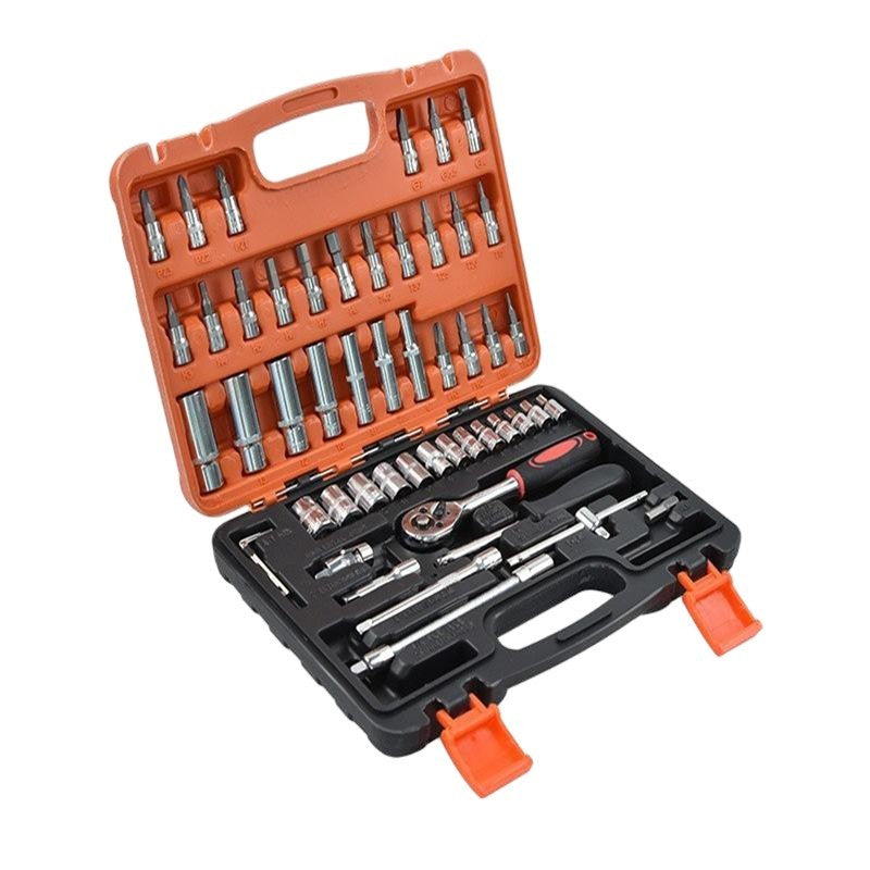 Trusa Chei Tubulare, Set 53 Piese, Clichet 1/4 Flyback cu Prelungitor si Imbusuri, Otel 45, Cutie Organizatoare Rosie, 27 x 20 x 5.5 cm, 1.5 kg