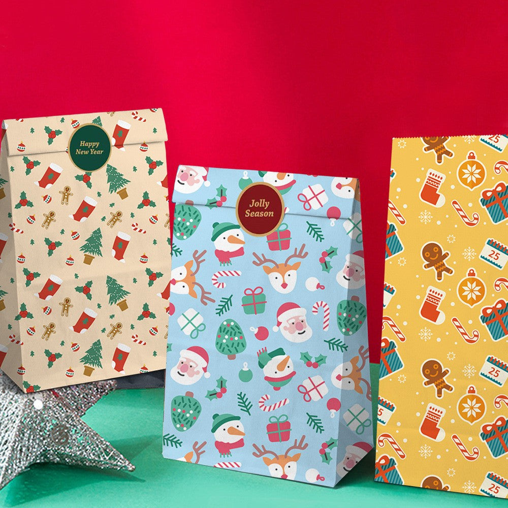 Set 12 Pungi de Cadou pentru Craciun, Motive Festive de Iarna, Include 12 Stickere Decorative, Hartie Kraft Ecologica, 24 x 13 x 8 cm, Multicolor