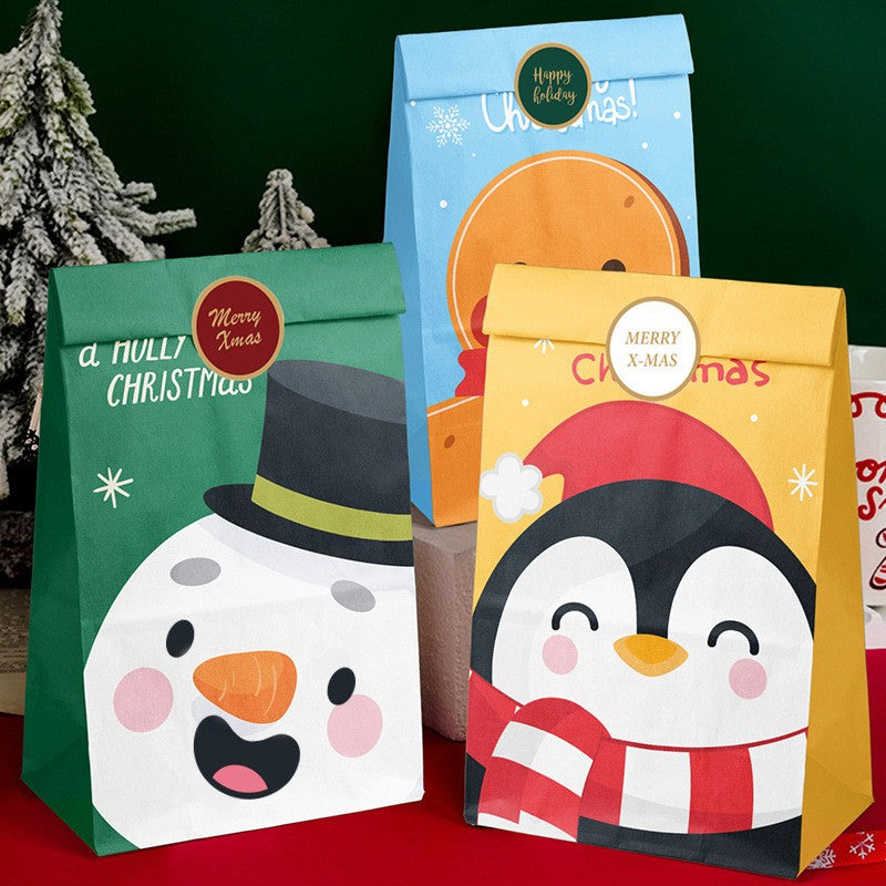 Set 12 Pungi de Cadou pentru Craciun, Personaje Festive si 12 Stickere Incluse, Hartie Kraft Ecologica, 24 x 13 x 8 cm, Multicolor