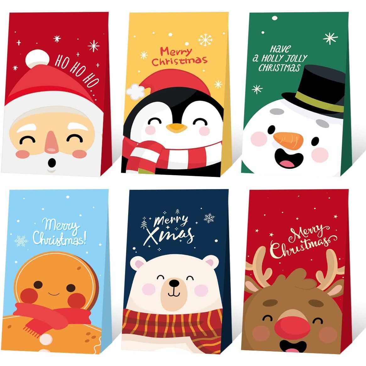 Set 12 Pungi de Cadou pentru Craciun, Personaje Festive si 12 Stickere Incluse, Hartie Kraft Ecologica, 24 x 13 x 8 cm, Multicolor