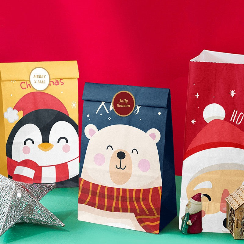 Set 12 Pungi de Cadou pentru Craciun, Personaje Festive si 12 Stickere Incluse, Hartie Kraft Ecologica, 24 x 13 x 8 cm, Multicolor
