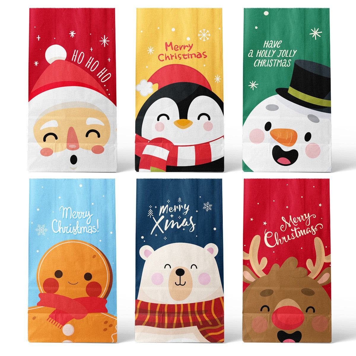 Set 12 Pungi de Cadou pentru Craciun, Personaje Festive si 12 Stickere Incluse, Hartie Kraft Ecologica, 24 x 13 x 8 cm, Multicolor