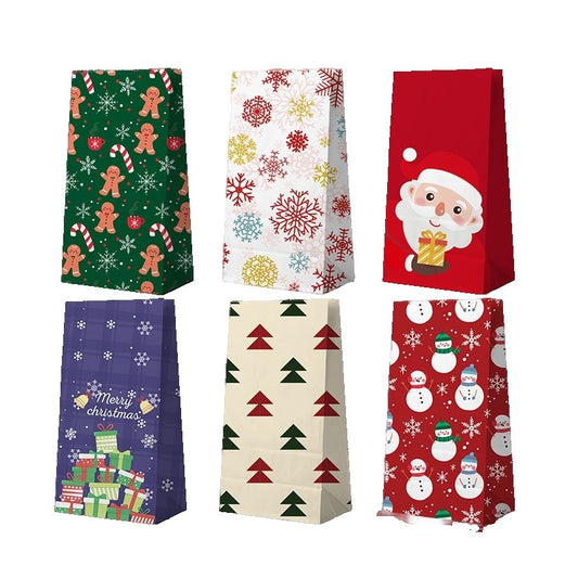 Set 12 Pungi Cadou Crăciun cu Motive Festive, Include 12 Stickere Decorative, Hârtie Kraft Ecologică, 22 x 12 x 8 cm, Multicolor