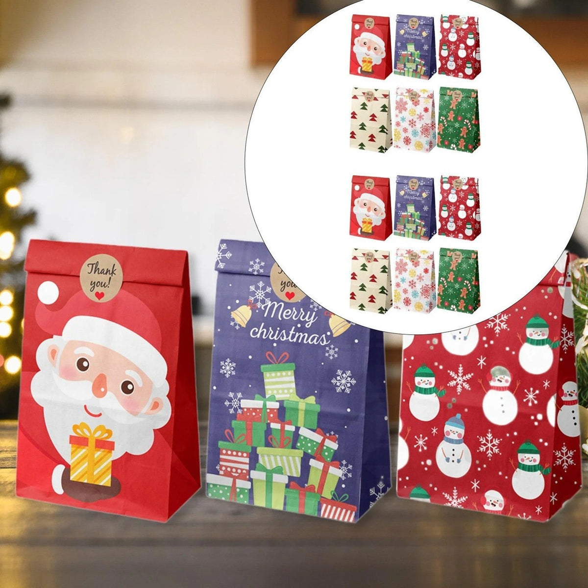 Set 12 Pungi Cadou Crăciun cu Motive Festive, Include 12 Stickere Decorative, Hârtie Kraft Ecologică, 22 x 12 x 8 cm, Multicolor