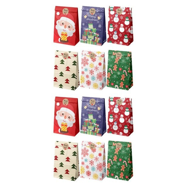 Set 12 Pungi Cadou Crăciun cu Motive Festive, Include 12 Stickere Decorative, Hârtie Kraft Ecologică, 22 x 12 x 8 cm, Multicolor