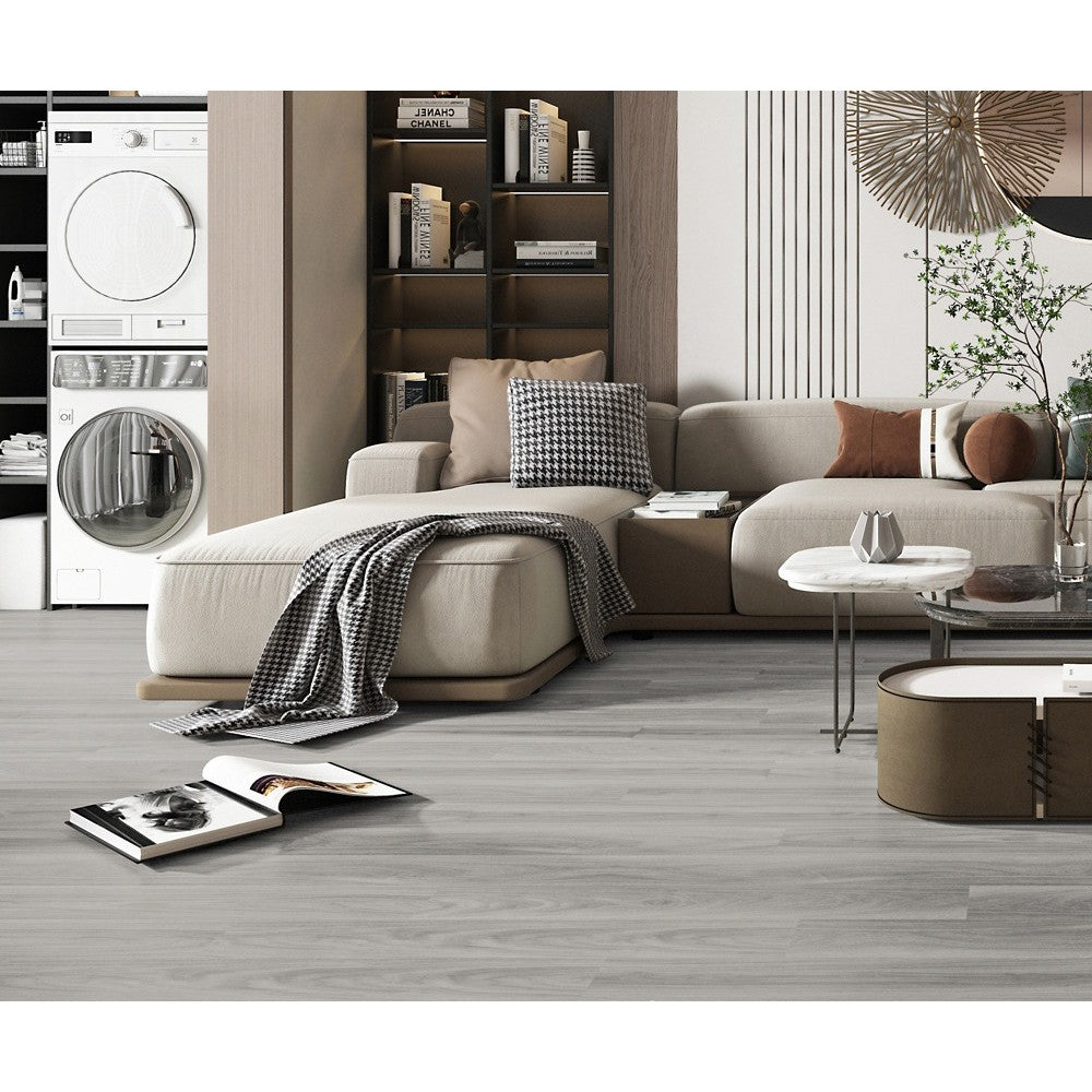 Placi Autoadezive Pentru Pardoseala, LVT Impermeabil si Ignifug, Aspect Lemn, PVC cu 6 Straturi, Set 36 Bucati, 5 m2, 91.44 x 15.24 cm, Grosime 1.5 mm, Gri