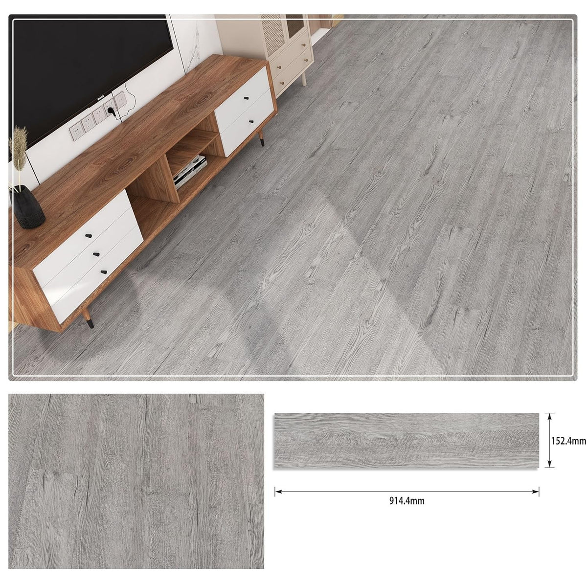Plăci Autoadezive pentru Pardoseală, Set 36 Bucăți, PVC Impermeabil și Ignifug, Grosime 1.5 mm, Acoperire 5 m2, 91.44 x 15.24 cm, Model 3, Gri