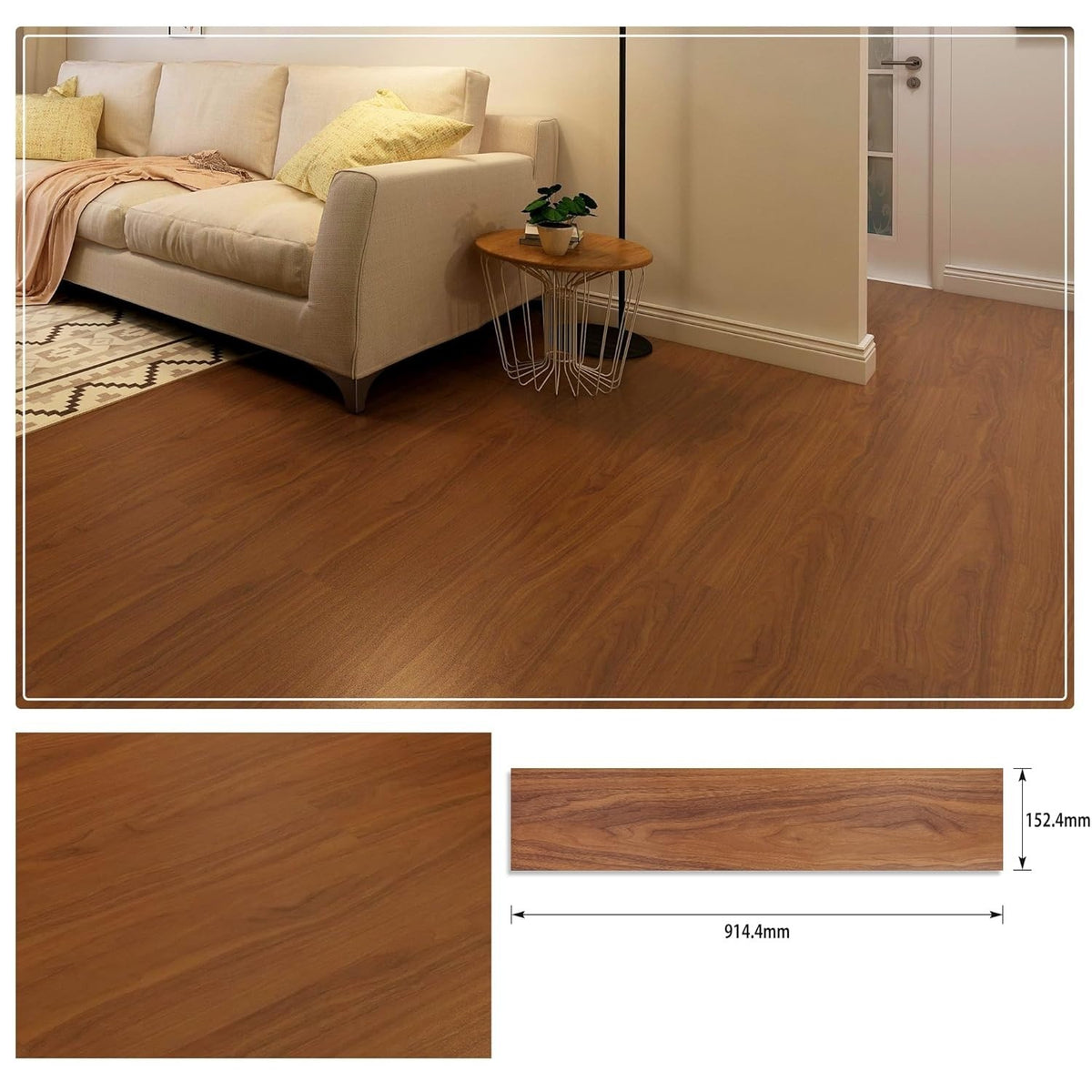Set 36 Placi Autoadezive pentru Pardoseala, PVC Impermeabil si Ignifug, Aspect Lemn, Acoperire 5 m2, Grosime 1.5 mm, 91.44 x 15.24 cm, Caramiziu