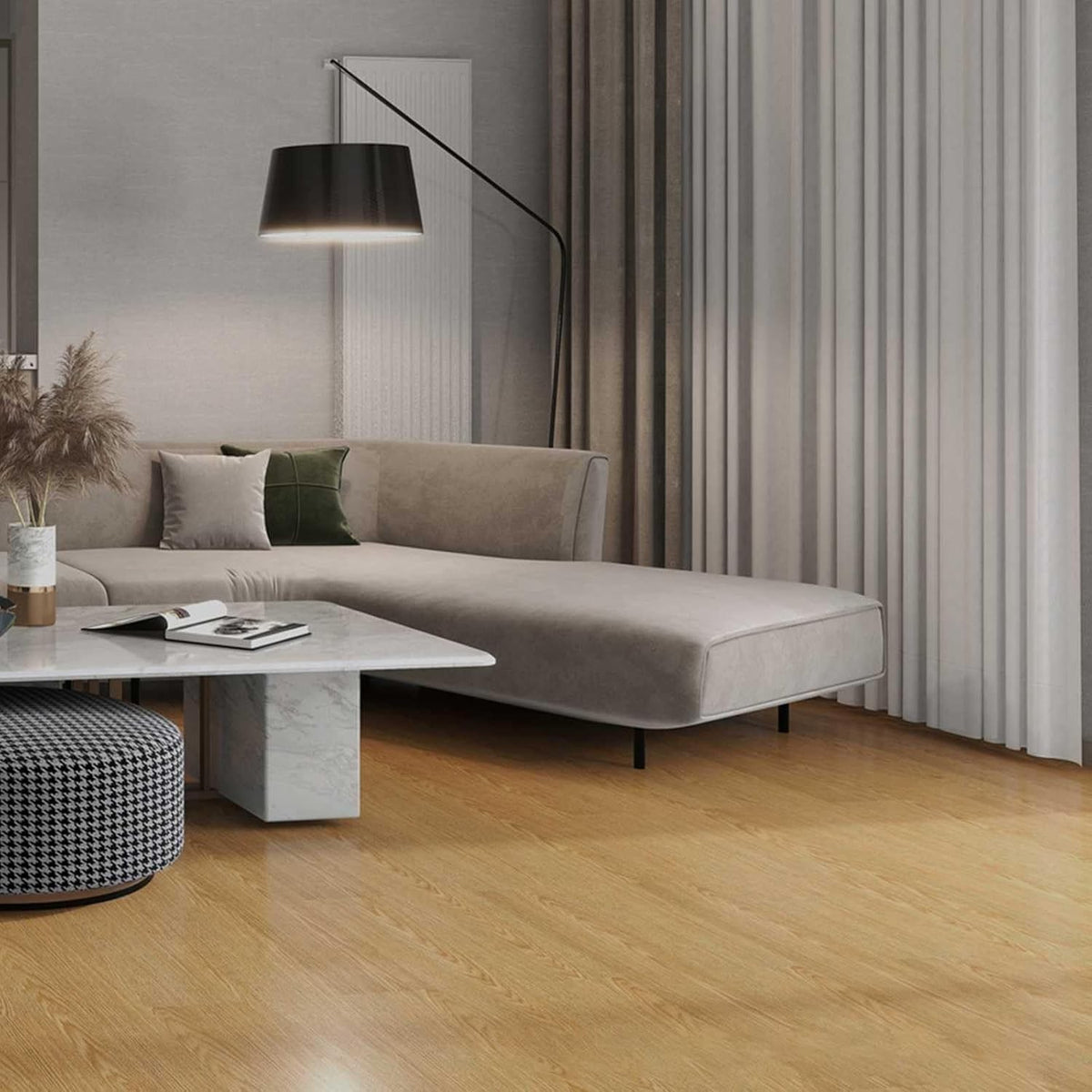 Set 36 Placi Autoadezive pentru Pardoseala, Textura Lemn Impermeabila si Ignifuga, PVC Premium, 91.44 x 15.24 cm, Grosime 1.5 mm, Acoperire 5 m2, Crem Model 12