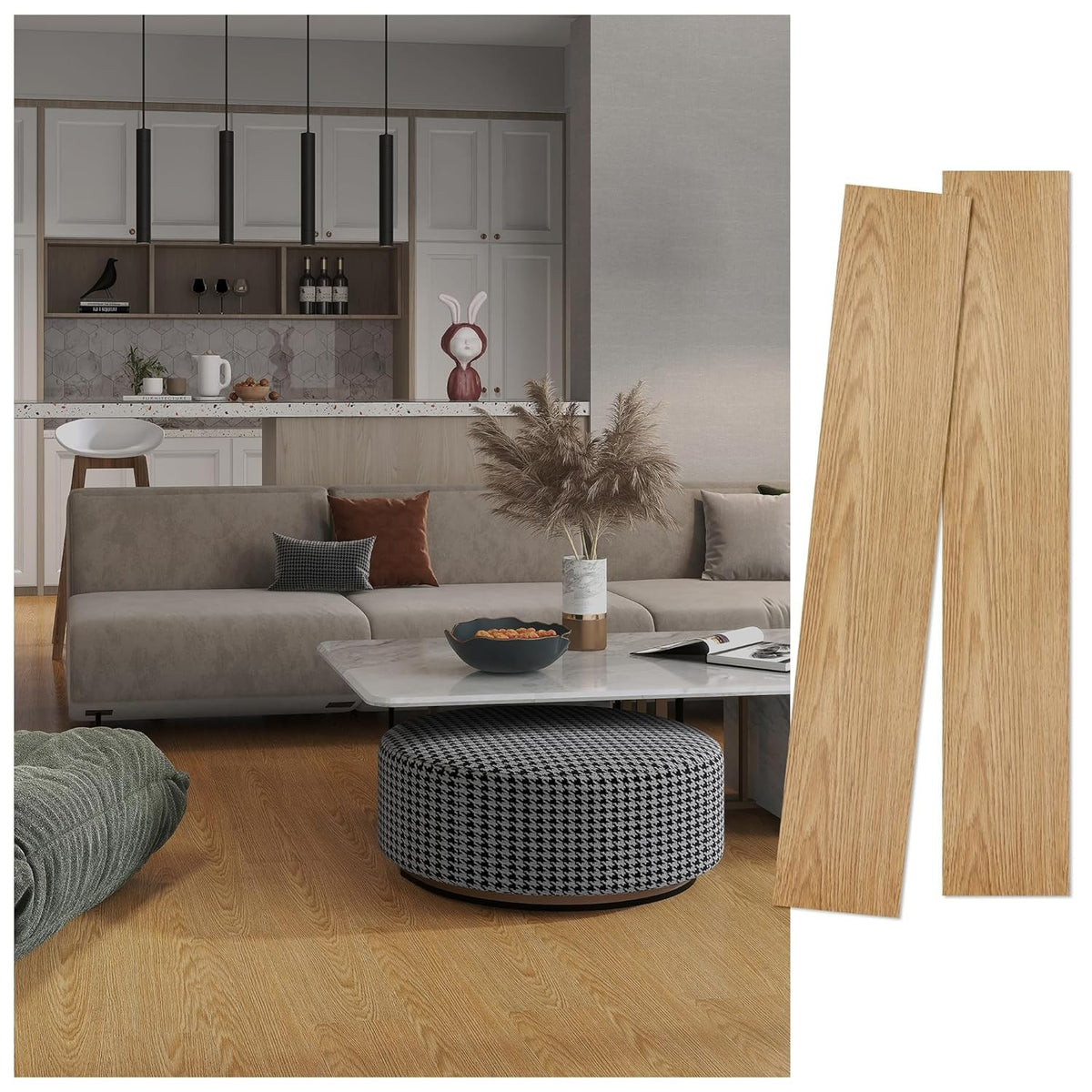 Set 36 Placi Autoadezive pentru Pardoseala, Textura Lemn Impermeabila si Ignifuga, PVC Premium, 91.44 x 15.24 cm, Grosime 1.5 mm, Acoperire 5 m2, Crem Model 12