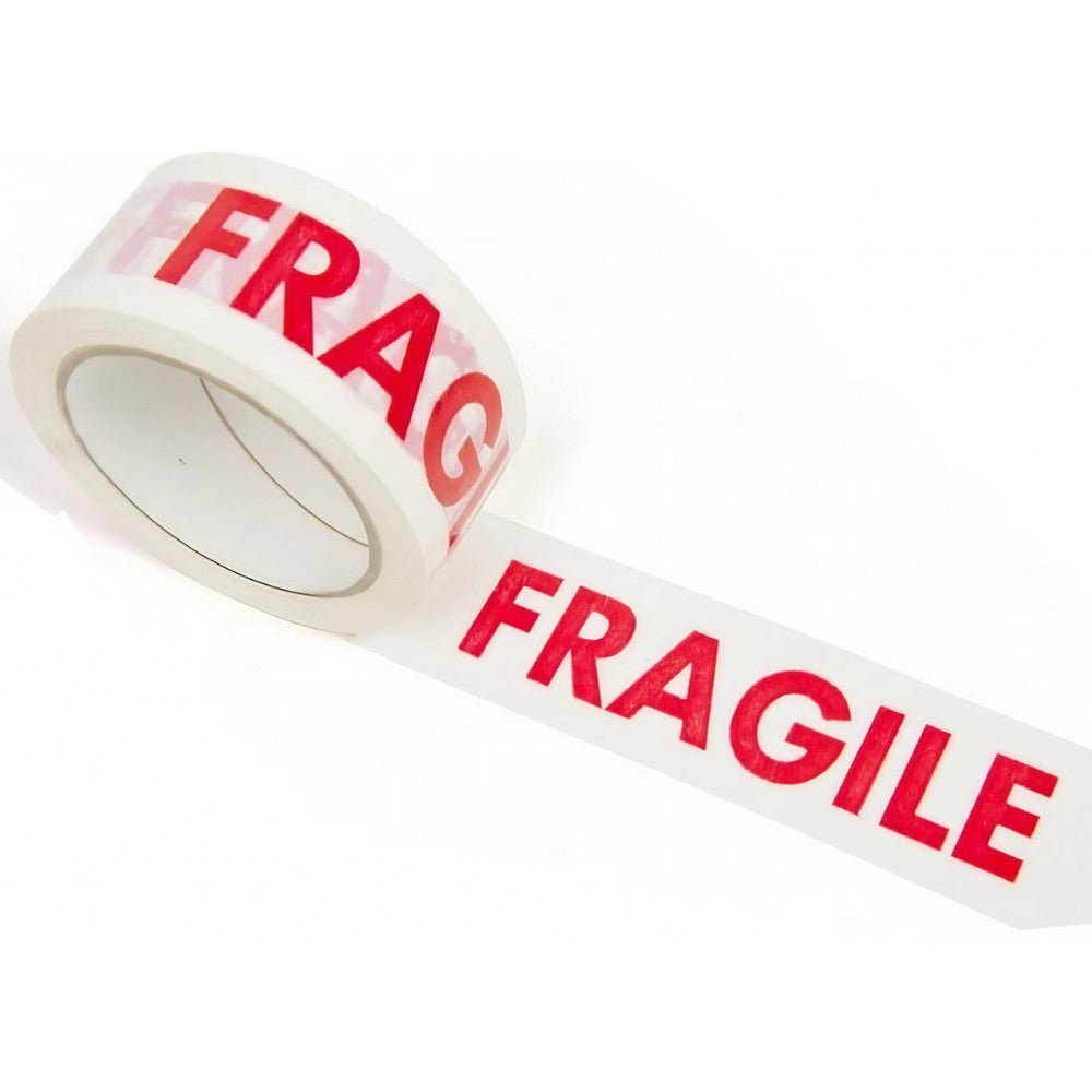 Banda Adeziva Fragile, Set 36 Role, Low Noise Silentioasa pentru Sigilare Colete Sensibile, Adeziv Acrilic, 50mm x 66m, Transparent cu Scris Rosu