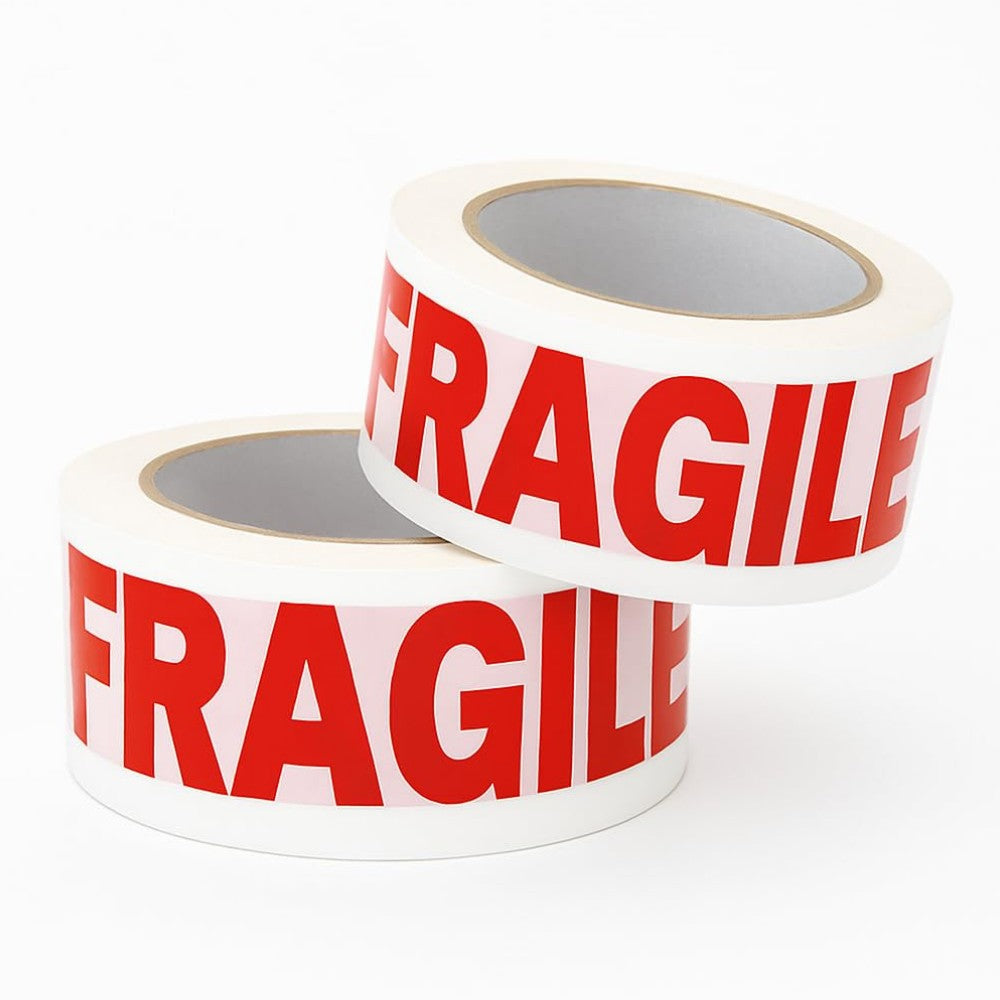 Banda Adeziva Fragile, Set 36 Role, Low Noise Silentioasa pentru Sigilare Colete Sensibile, Adeziv Acrilic, 50mm x 66m, Transparent cu Scris Rosu