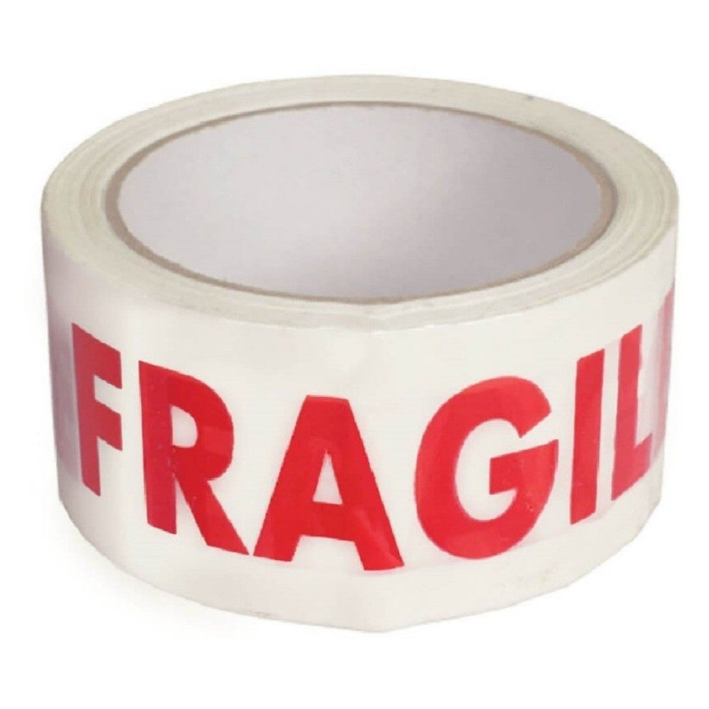 Banda Adeziva Fragile, Set 36 Role, Low Noise Silentioasa pentru Sigilare Colete Sensibile, Adeziv Acrilic, 50mm x 66m, Transparent cu Scris Rosu
