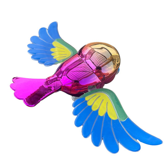 Ornament Decorativ Auto, Pasare Zburatoare cu Aripi Mobile pentru Masina si Moto, Plastic Rezistent Iridescent, 14.5 x 8 x 5 cm, Mov/Multicolor
